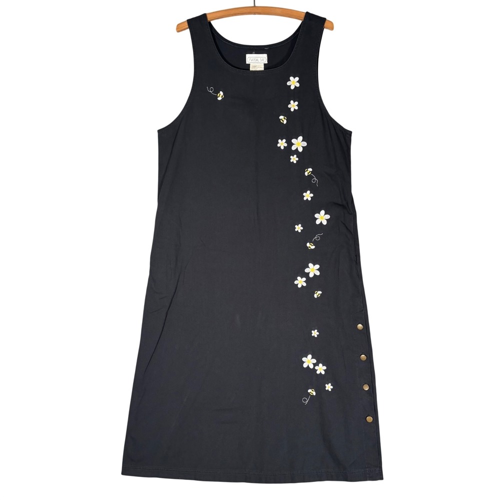 Mandal Bay Black Cotton Maxi Dress XL Daisy Bumblebee Embroidery Side Buttons